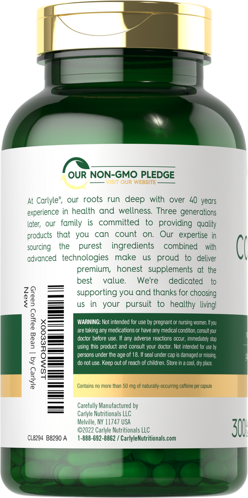 Hand holding bulk scale with 8000 mg Green Coffee Bean supplement containing 300 capsules.