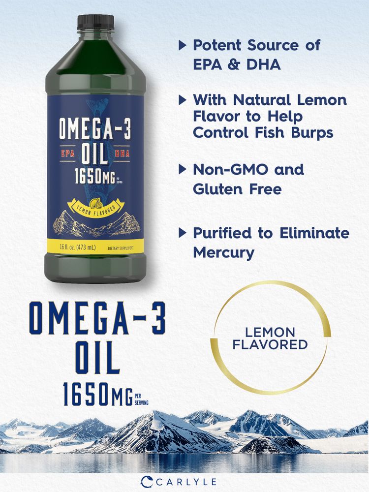 This is a 16 fl. oz. (473 mL) bottle of Omega-3 Oil, 1650mg per serving, with a lemon flavor.