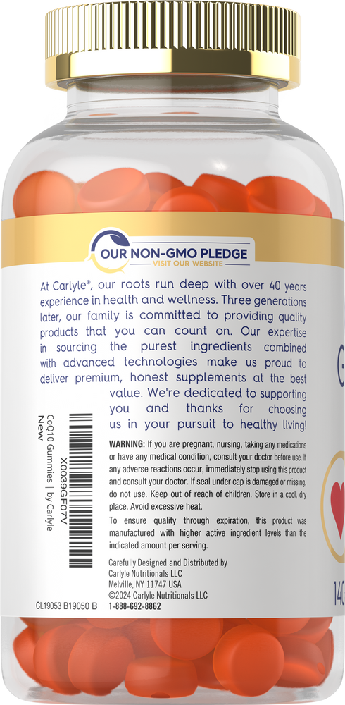 Carlyle CoQ10 200 mg, 140 orange round gummies visible inside a clear bottle, hand-sized.