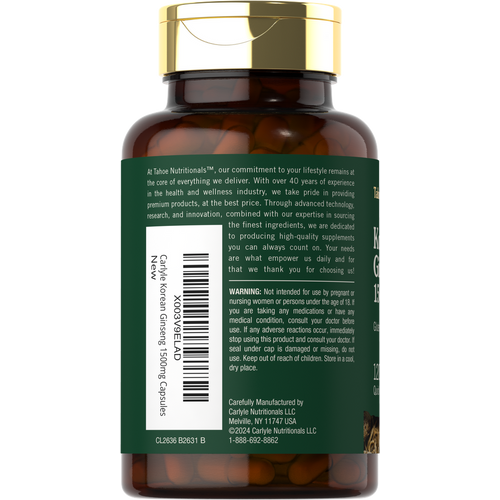 View 3 Carlyle Korean Ginseng 1500mg Capsules shown on a hand scale to indicate weight and quantity for bulk purchase.