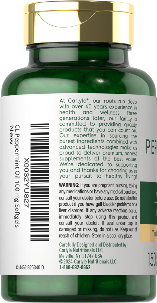 A bottle of Carlyle Peppermint Oil 100 mg Softgels, containing 150 capsules, displayed on a hand scale to show size perspective.