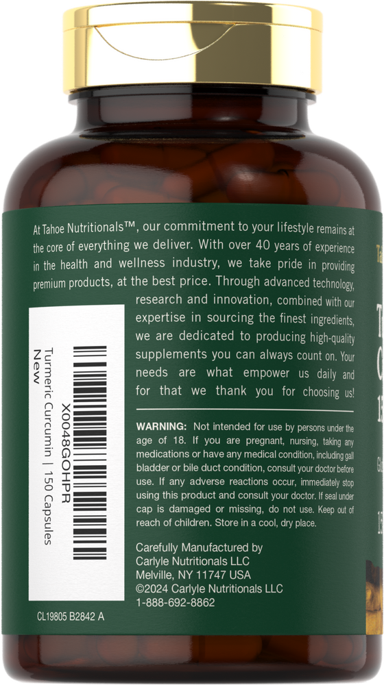 A bottle of Turmeric Curcumin containing 150 capsules is shown.