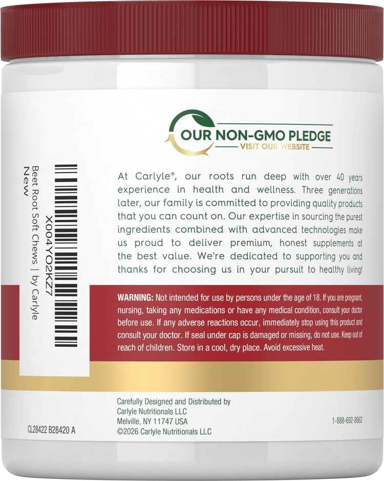 Beet Root Soft Chews by Carlyle in a 60-count jar, showcasing supplement benefits and convenient chewable form for wellness.