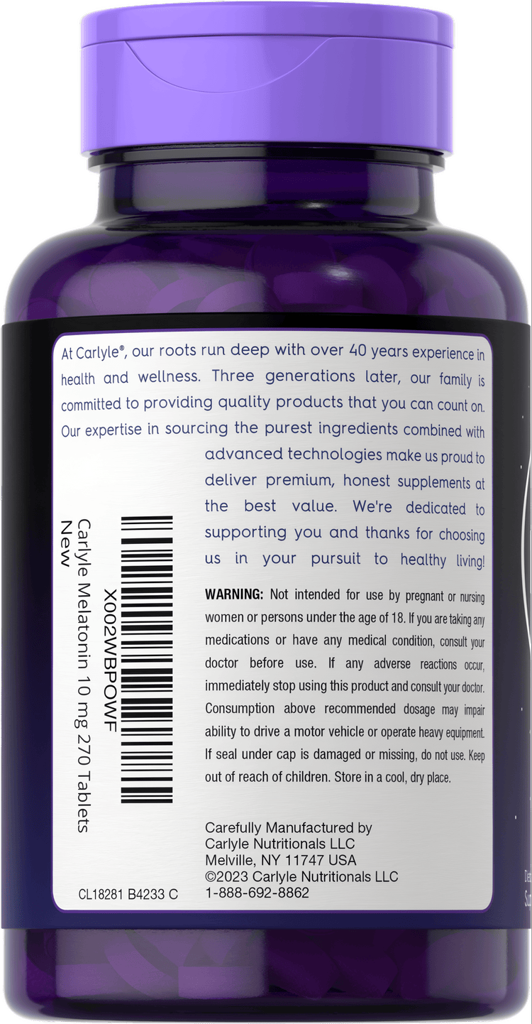 Carlyle Melatonin 10 mg, 270 tablets displayed on a scale to show bulk size in hand for dietary supplement users.