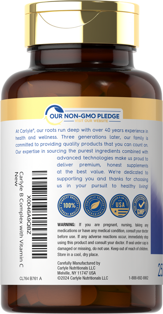 A hand holding Carlyle B Complex with Vitamin C, 250 tablets, showcasing the product size and packaging for scale.