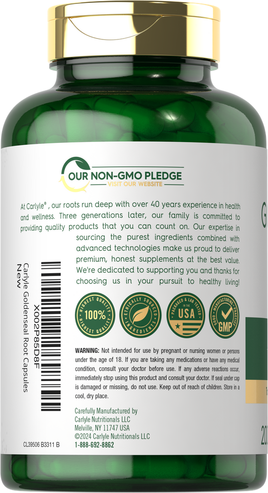 A bottle of Carlyle Goldenseal Root 1000 mg with 200 capsules shown against a hand-scale background.