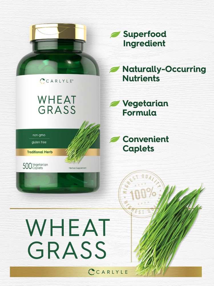Carlyle Wheat Grass 500 Vegetarian Caplets bottle alongside a bundle of fresh wheat grass.