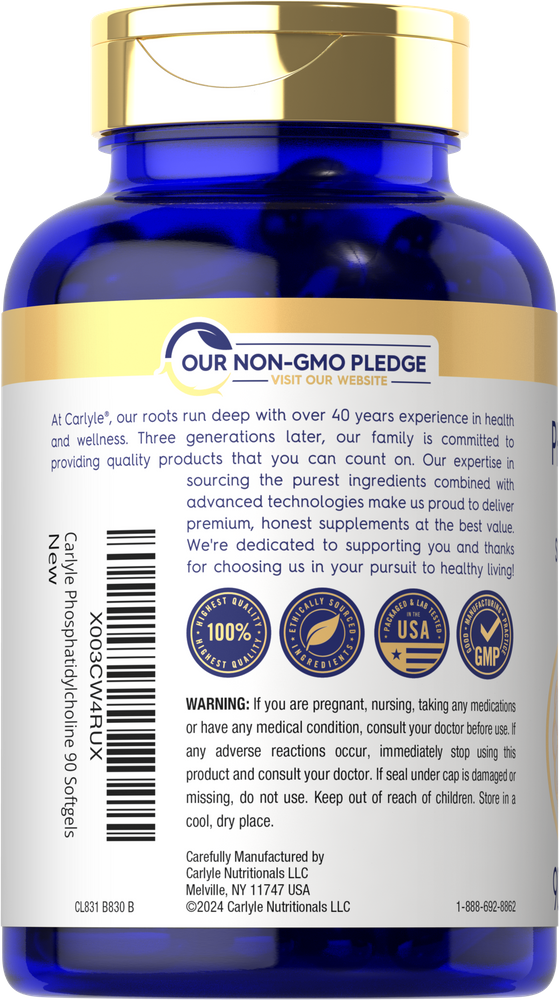 Carlyle Phosphatidylcholine 90 softgels bottle held in hand, showing scale of size.