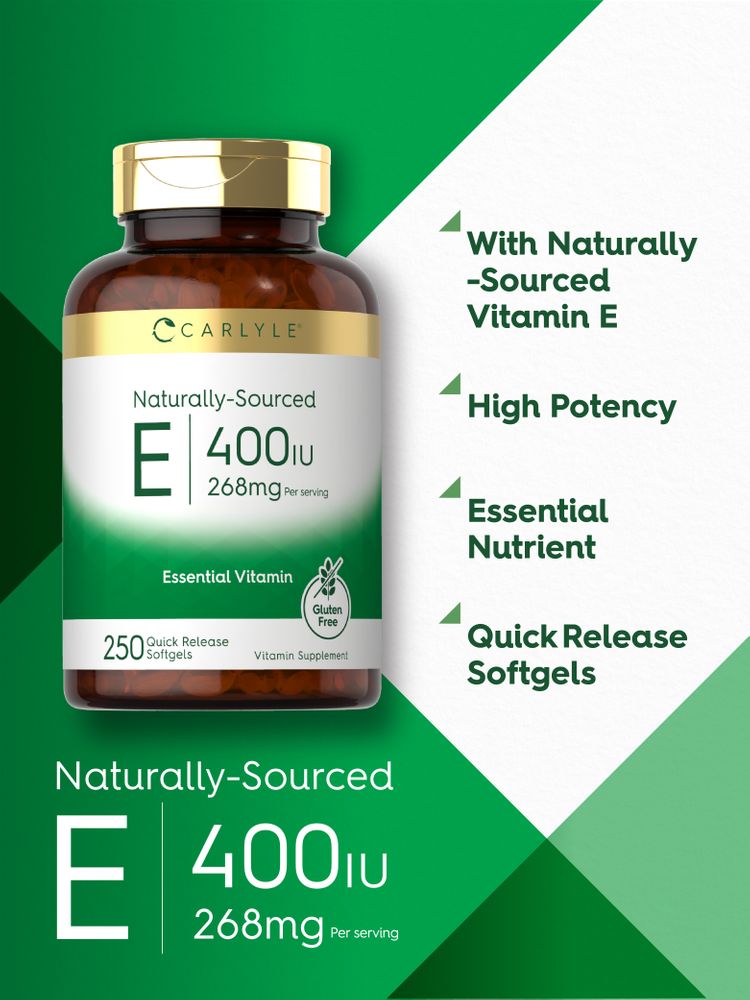 Carlyle Naturally-Sourced Vitamin E 400 IU, 268mg per serving, with 250 Quick Release Softgels.