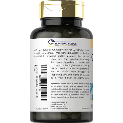 View 3 A hand holding a bottle of Quercetin 500mg, containing 100 capsules, on a scale to show bulk size.