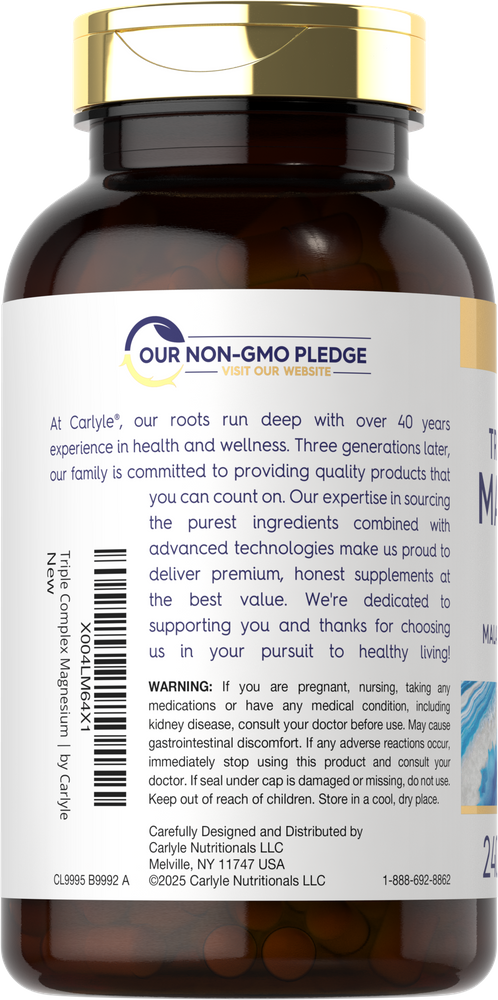A hand holding a bottle of Triple Complex Magnesium containing 240 capsules, showcasing product size and scale.