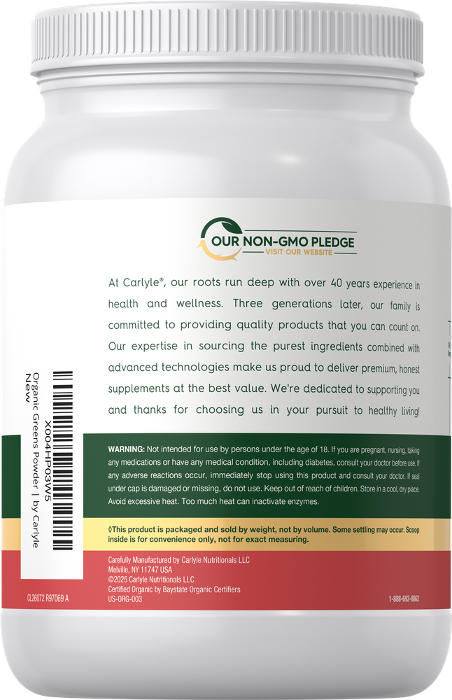 A hand holding a scale displaying 2.2 lbs of Organic Greens Kiwi Powder, equivalent to 200 servings, emphasizing bulk value.