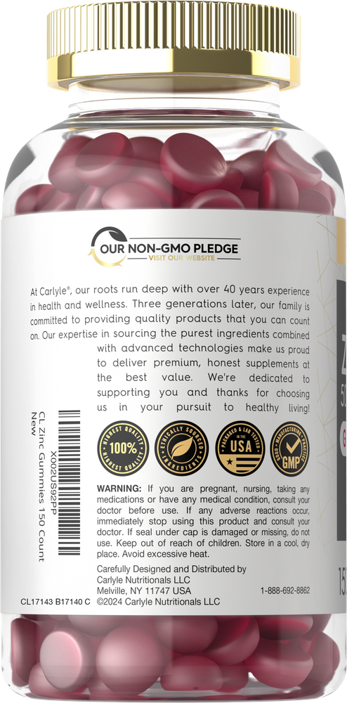 Hand holding a clear bottle of CL Zinc Gummies, containing 150 gummies, showcasing the product's packaging and quantity.