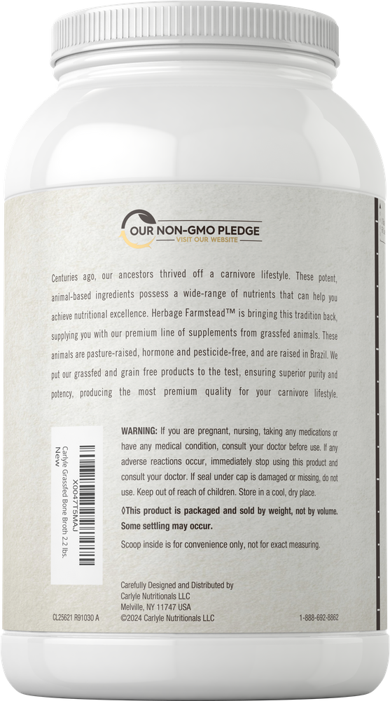 Herbage Farmstead Bone Broth Powder, 2.2 lbs, resting on a hand scale, showing bulk weight for nutritional planning or cooking needs.