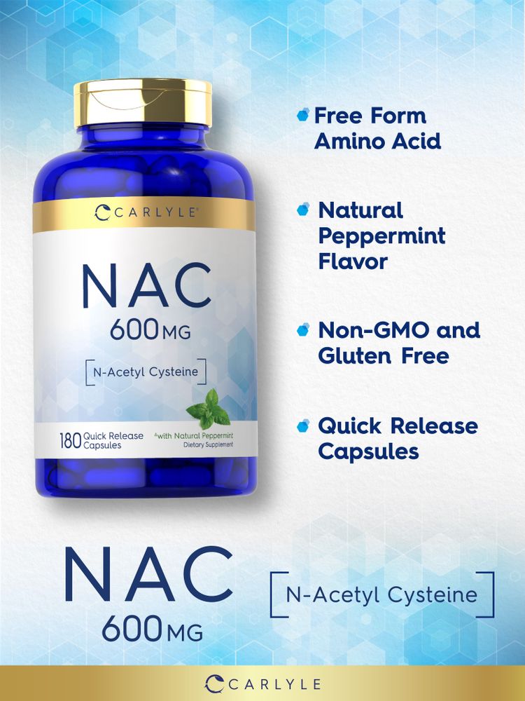 Image of a hand holding a bottle of NAC 600 mg, 180 quick release capsules, showing the size and scale of the product.