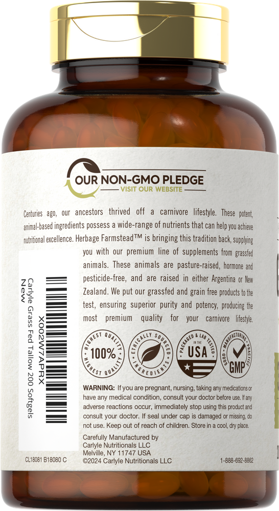 Brown bottle of Carlyle Grass Fed Tallow containing 200 softgels.
