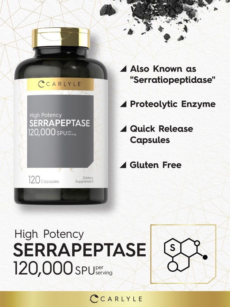 Hand holding Serrapeptase 120,000 SPU, 120 capsules, offers enzyme supplements for health support with high potency per serving.