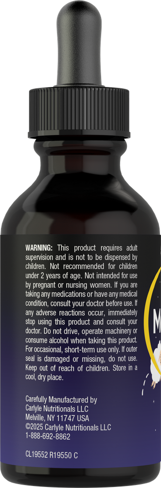 A dark amber dropper bottle containing Carlyle Kids Melatonin 1 mg liquid.