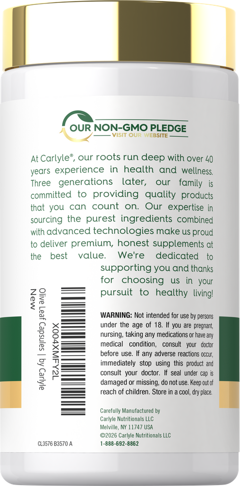 A hand holds a bulk bottle of 70 Olive Leaf Extract capsules with a potency of 9000mg.