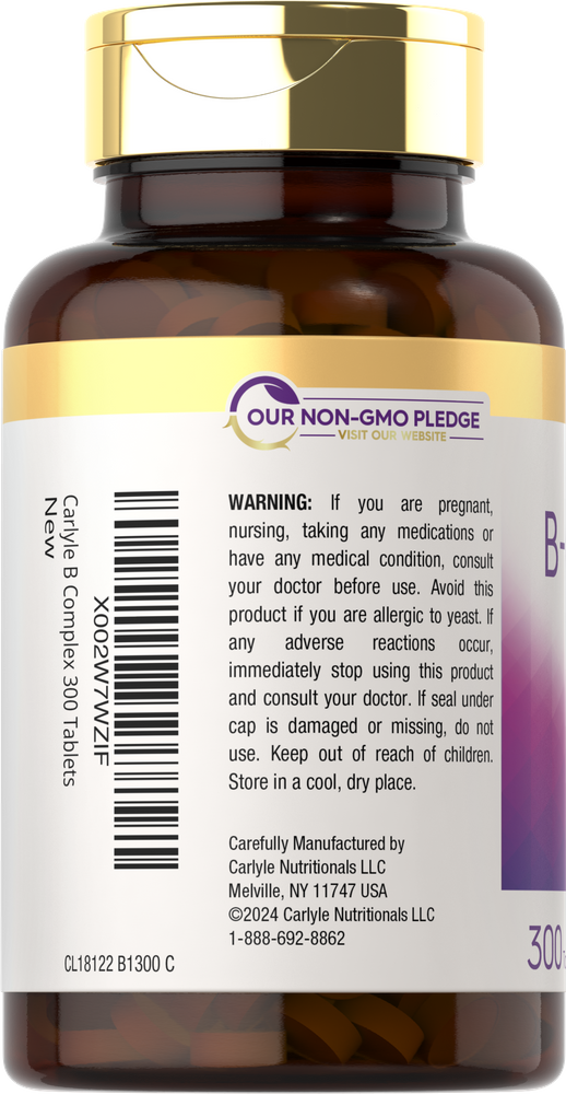 Carlyle B Complex Plus Vitamin B-12 bottle containing 300 tablets on a hand scale.