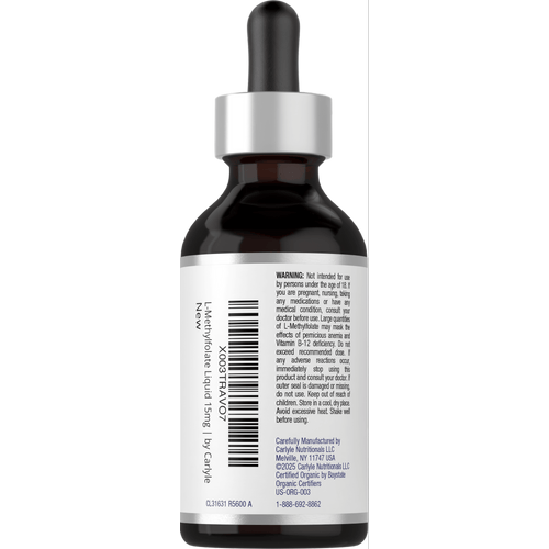 View 3 L-Methylfolate 15 mg Liquid in a dark brown dropper bottle with a silver and black cap, shown for bulk scale.