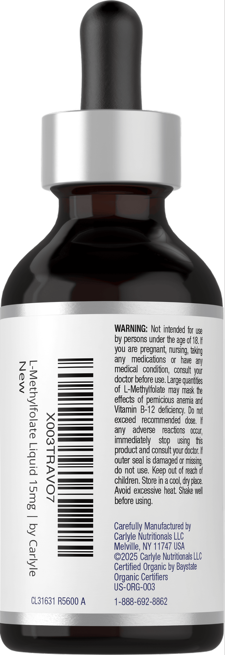 L-Methylfolate 15 mg Liquid in a dark brown dropper bottle with a silver and black cap, shown for bulk scale.
