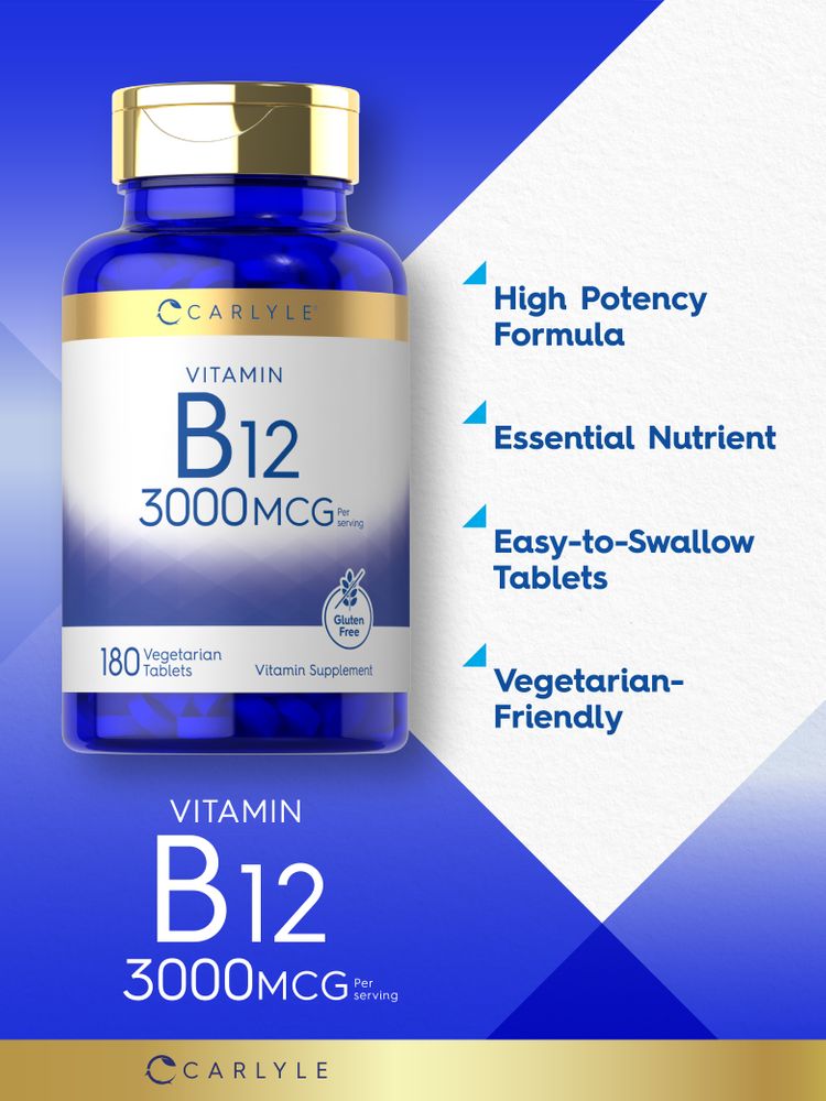 Hand holding Carlyle Vitamin B12 3000 MCG bottle with 180 vegetarian tablets.