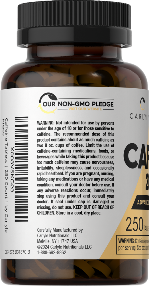 Hand holding a container of Carlyle Caffeine 200mg, featuring 250 tablets, providing a powerful energy boost and focus support.