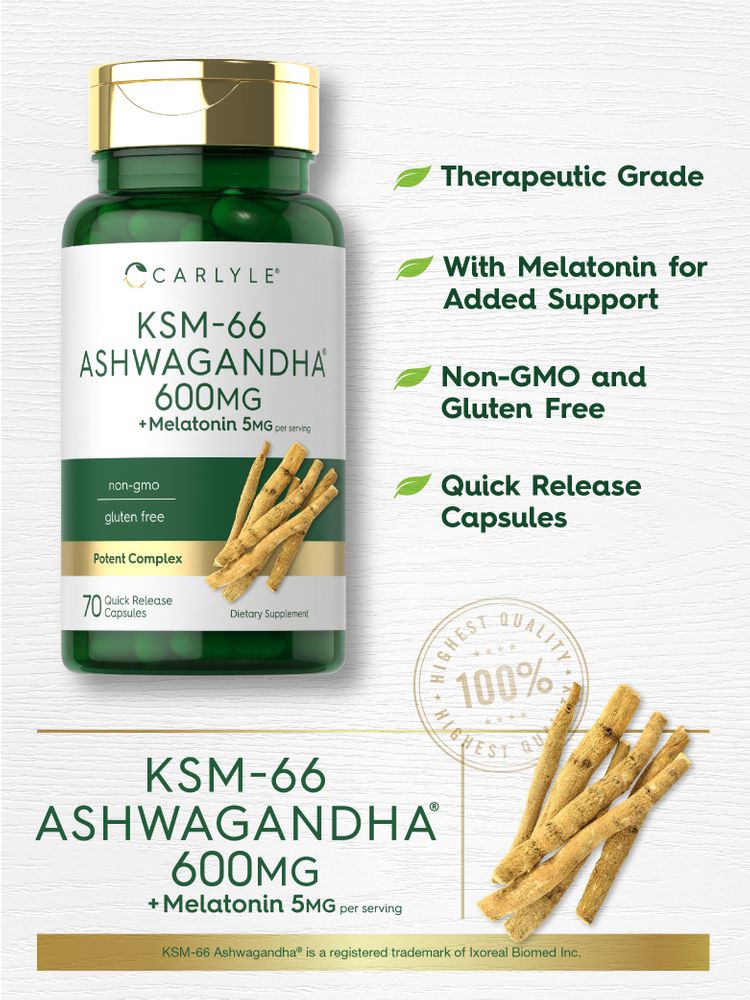A hand holding dried Ashwagandha roots for KSM-66 Ashwagandha 600mg plus Melatonin 5mg per serving.