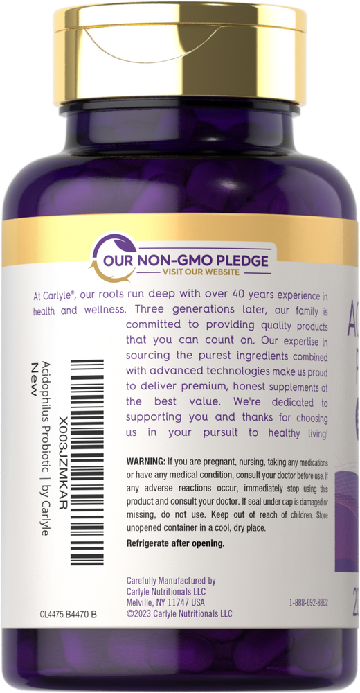 A hand holds a bulk scale of Acidophilus Probiotic capsules, each containing 500 million live cultures for digestive health.