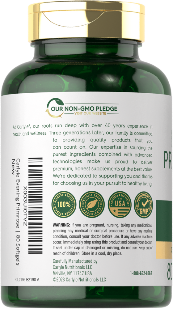 Hand holding a bottle of Carlyle EPO 1000 mg with 80 softgels.