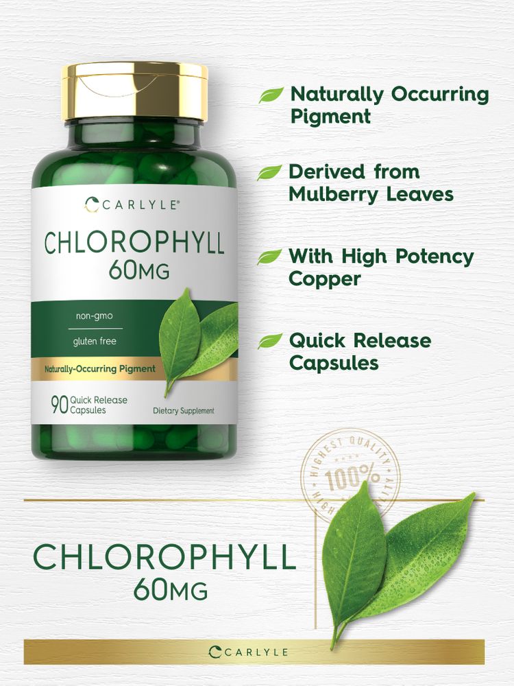 Bottle label reading: Chlorophyll 60MG, 90 Quick Release Capsules, shown against a hand for scale.