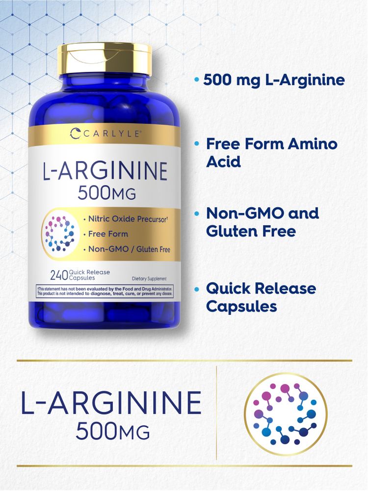 A hand holds L-Arginine 500 mg quick release capsules, 240 count bottle, showcasing its size and bulk, ideal for supplementation.