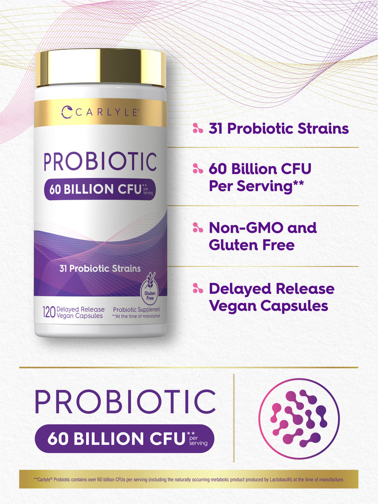Carlyle Probiotic with 60 Billion CFU, 31 Strains, 120 Delayed Release Vegan Capsules, and Gluten Free formula.