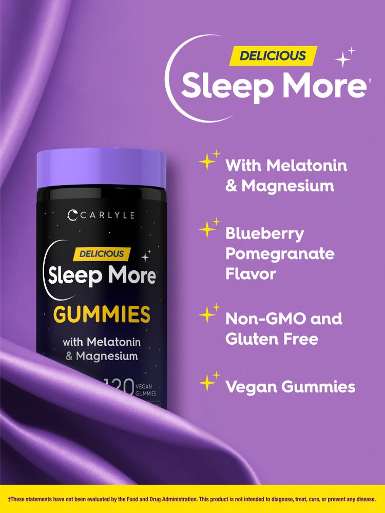 Sleep More 120 Vegan Gummies with Melatonin & Magnesium, Blueberry Pomegranate Flavor, Non-GMO and Gluten Free.
