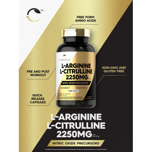 View 4 Carlyle L-Arginine L-Citrulline supplement with 2250mg per serving and 240 quick-release capsules displayed on a scale.
