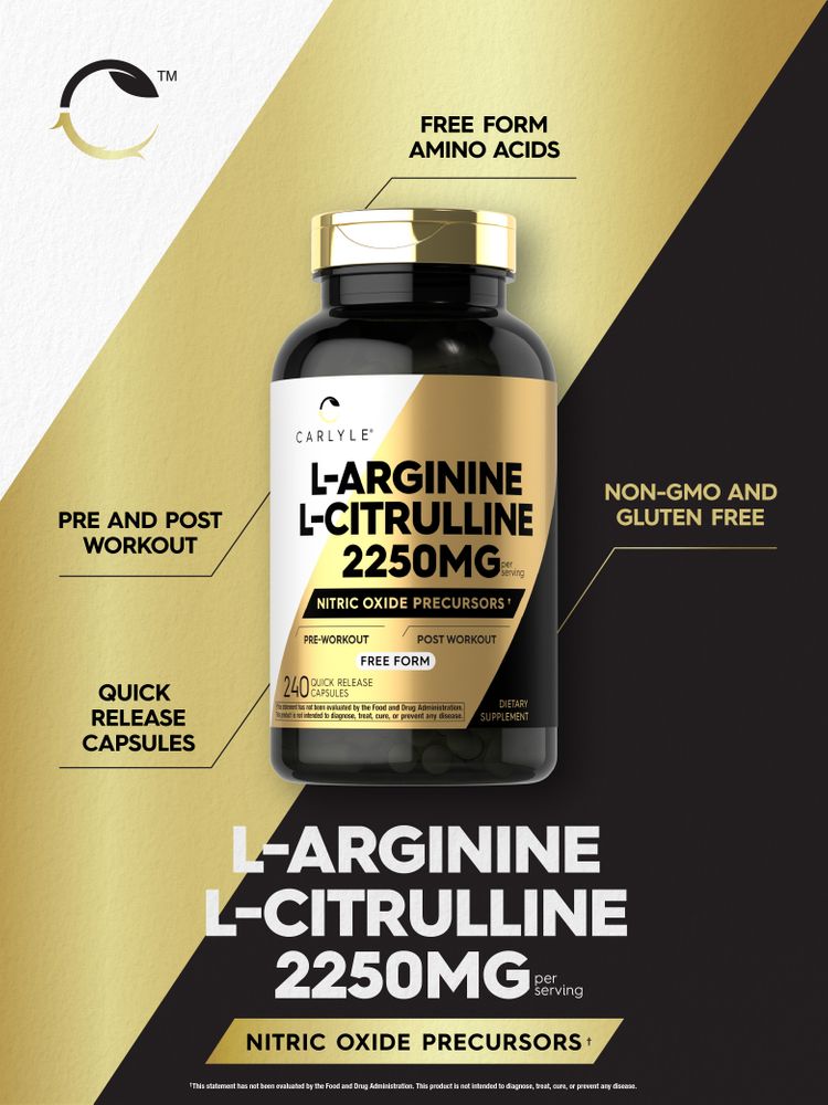Carlyle L-Arginine L-Citrulline supplement with 2250mg per serving and 240 quick-release capsules displayed on a scale.