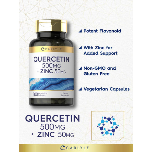 View 4 A bottle of Quercetin 500mg with Zinc 50mg, containing 100 vegetarian capsules, displayed on a hand scale.