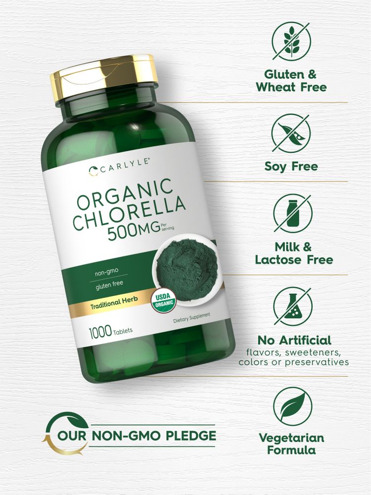 Carlyle Organic Chlorella 500 MG 1000 Tablets bottle with green chlorella powder displayed in a bowl.