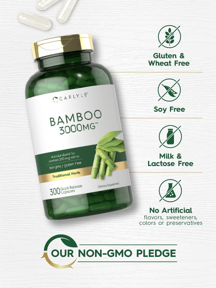 Carlyle Bamboo 3000MG 300 Quick Release Capsules shown on a hand scale, indicating bulk size and easy dosage.