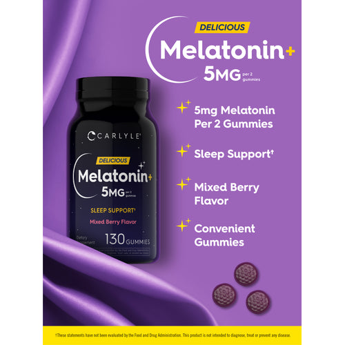 View 4 Product highlights graphic stating 5mg Melatonin per 2 gummies, Sleep Support†, Mixed Berry Flavor, and convenient gummies.