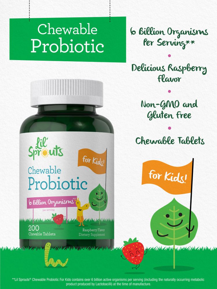 Lil' Sprouts Chewable Probiotic, 200 tablets with 6 billion organisms per serving, Raspberry Flavor.