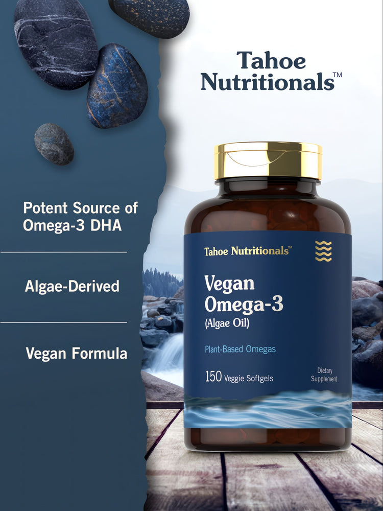 Tahoe Nutritionals Vegan Omega-3 Algae Oil, 150 Veggie Softgels, shown on a hand scale.