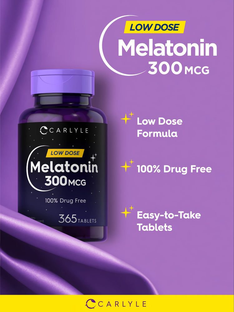 A hand holding a Carlyle Melatonin 300mcg bottle, showing 365 tablets for sleep support.
