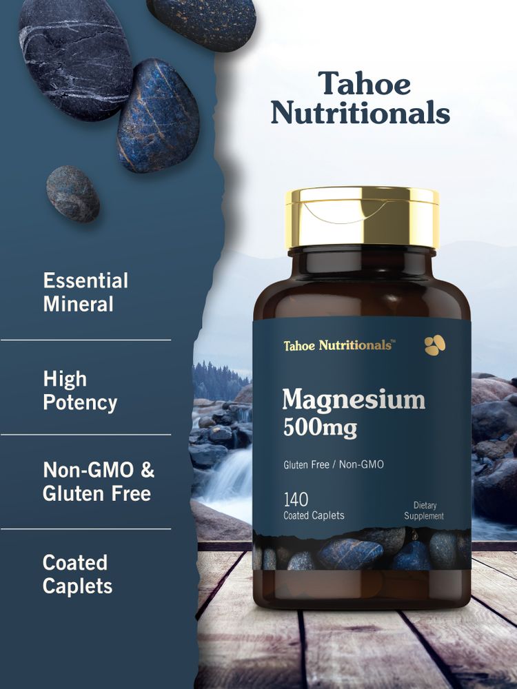 A hand holding a bottle labeled Magnesium 500mg with 140 coated caplets, highlighting the supplement's dosage and quantity.