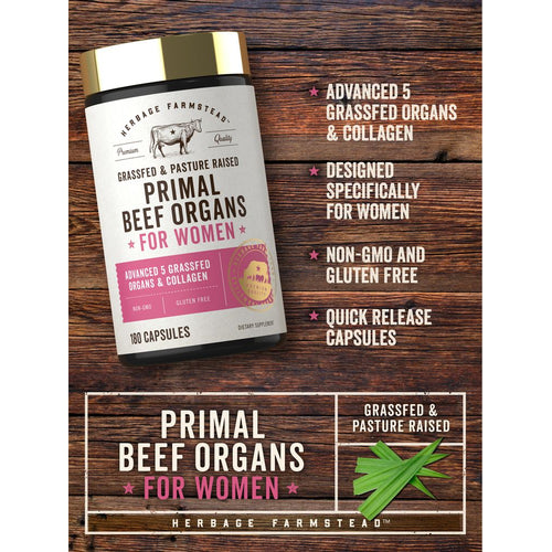 View 4 Hand holding Primal Beef Organs For Women, 180 capsules, showcasing size for scale and product features in a compact form.