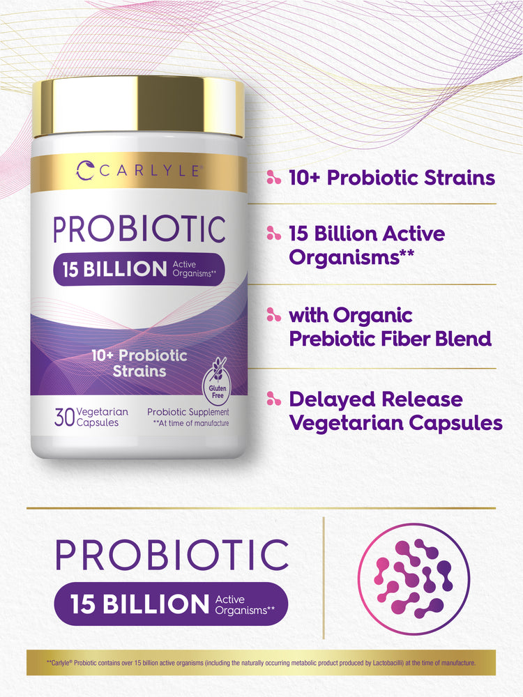 Carlyle Probiotic offers 15 billion active organisms in 30 vegetarian capsules.
