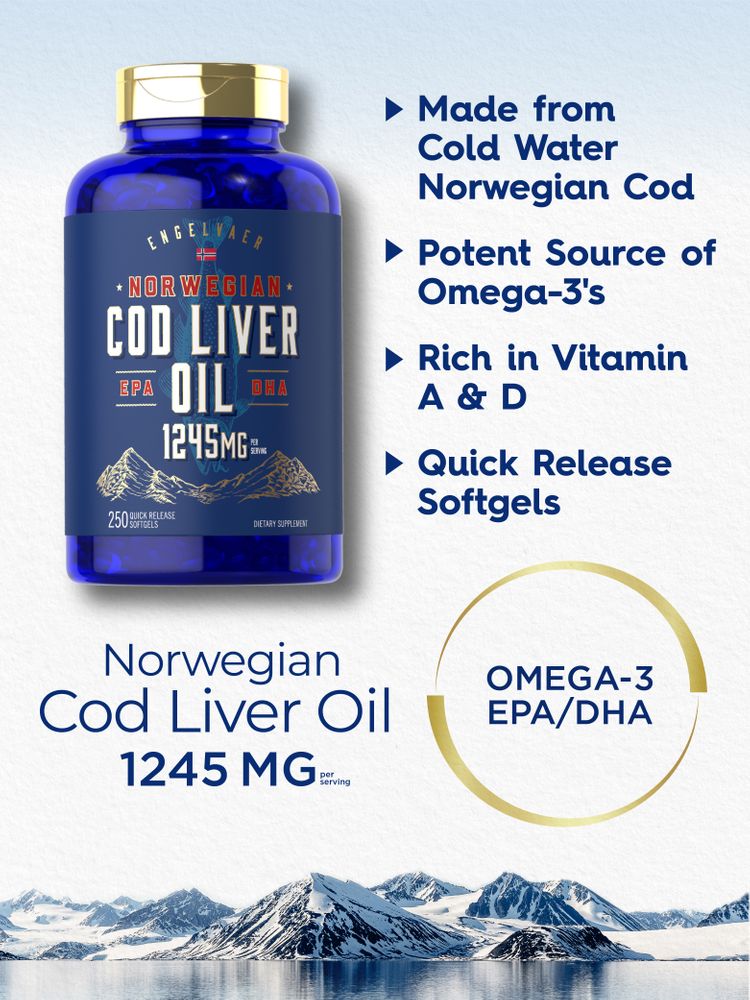 A bottle of Carlyle Cod Liver Oil 1245mg with 250 softgels on a hand scale.