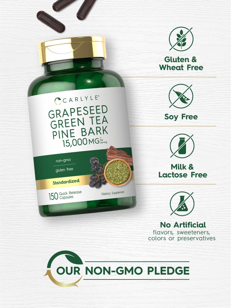 Dark brown Quick Release Capsules for Carlyle Grapeseed Green Tea Pine Bark 15000mg shown on a scale.