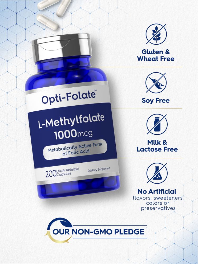 Hand holding a white L-Methylfolate 1000mcg quick release capsule, illustrating size and scale of the supplement.